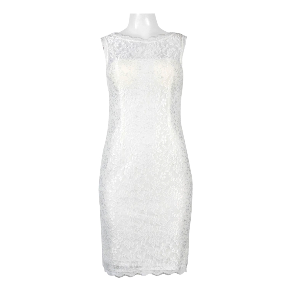 ADRIANNA PAPELL SCALLOPED NECK SLEEVELESS KEYHOLE BACK FLORAL LACE DRESS